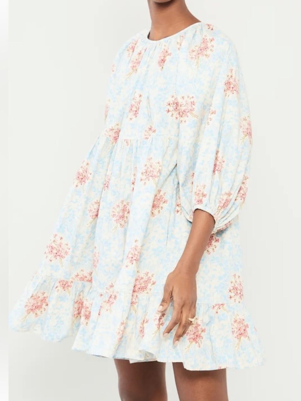 BYTIMO BLUE PINK FLORAL PUFF SLEEVE BABYDOLL MINI DRESS SMALL NEW WITH TAGS